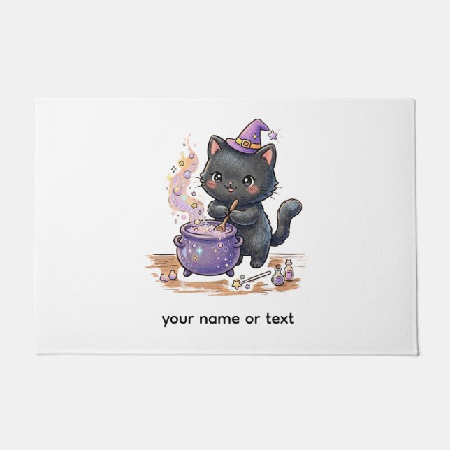 Cute Witch Black Cat Brewing Magic Potion Hallowee Doormat (Front)