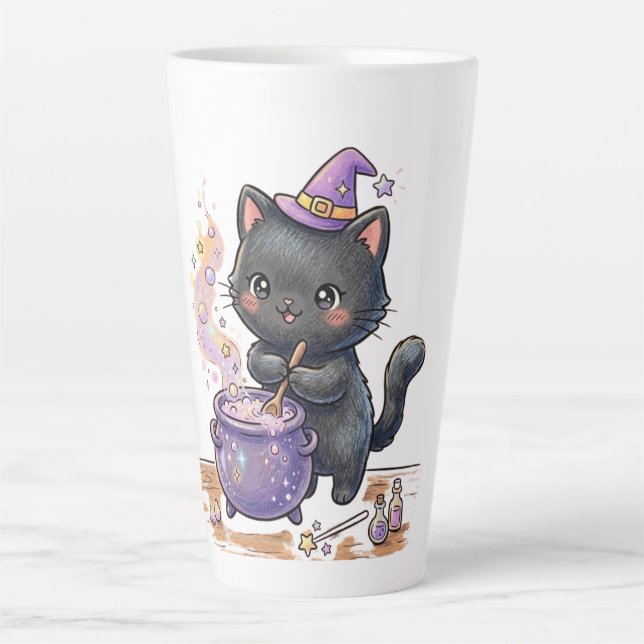 Cute Witch Black Cat Brewing Magic Potion Hallowee Latte Mug (Front)