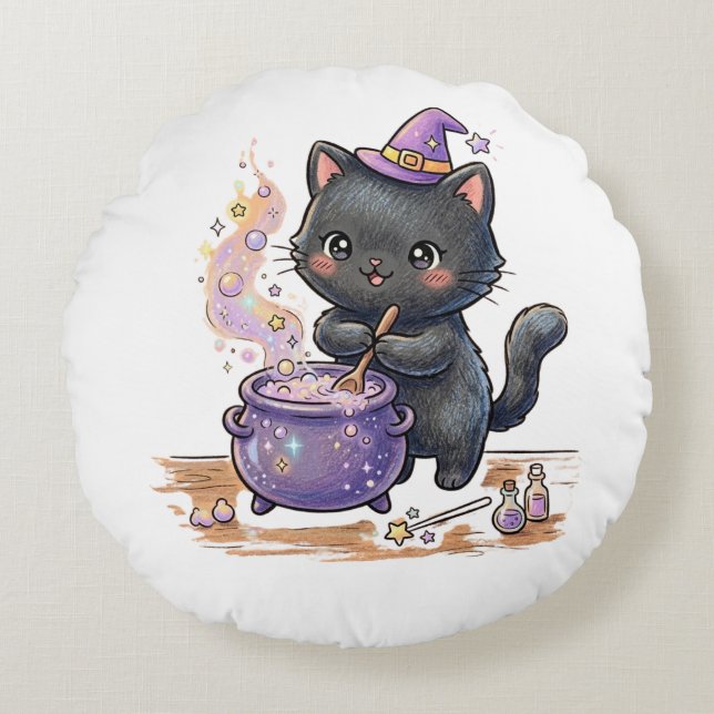Cute Witch Black Cat Brewing Magic Potion Hallowee Round Cushion (Front)