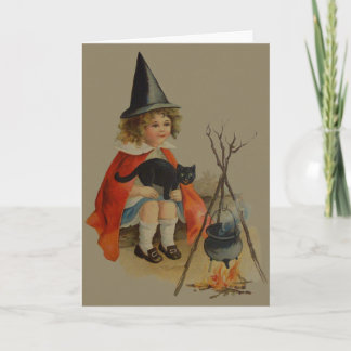 Cute Witch Black Cat Cauldron Fire Card