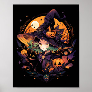 Cute Witch Black Cat Costume Halloween Girls Funny Poster