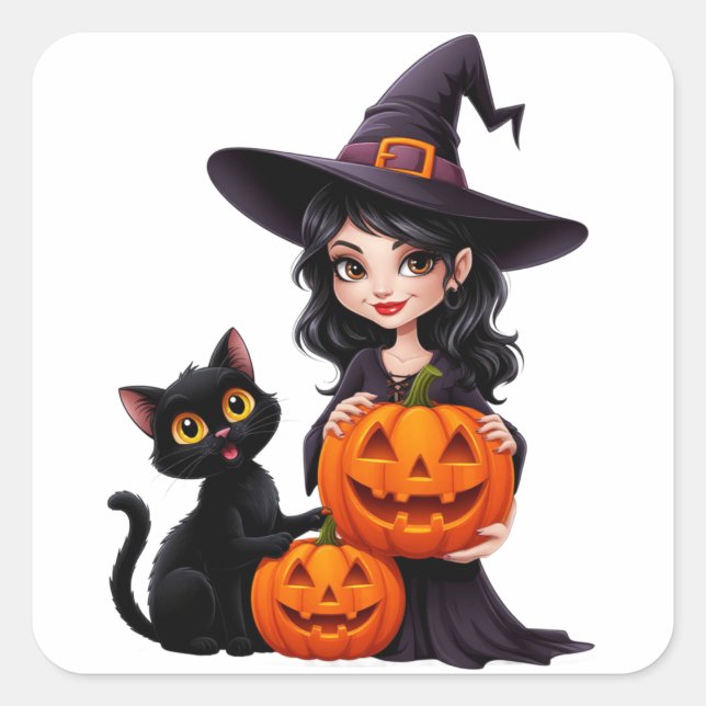 Cute Witch Black Cat Pumpkin Halloween 🧙‍♀️ Square Sticker (Front)