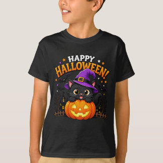 Cute Witch Black Cat Pumpkin Happy Halloween  T-Shirt