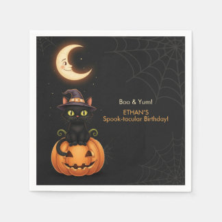 Cute Witch Cat and Pumpkin Birthday Napkin
