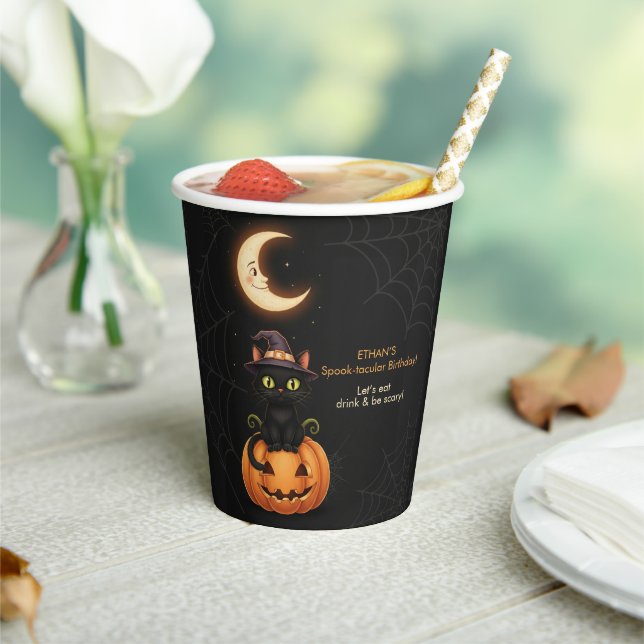 Cute Witch Cat and Pumpkin Birthday Paper Cups (Insitu)