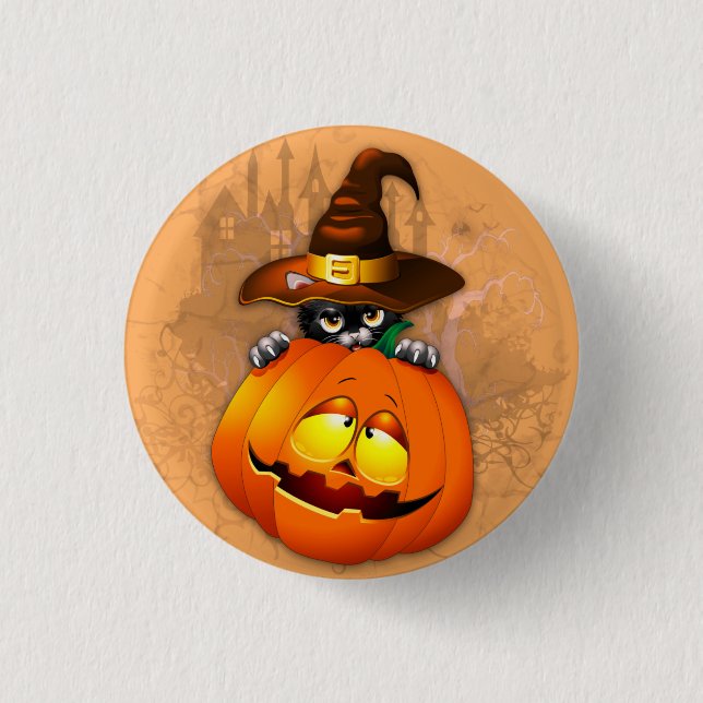 Cute Witch Cat and Pumpkin Halloween Friends 3 Cm Round Badge (Front)