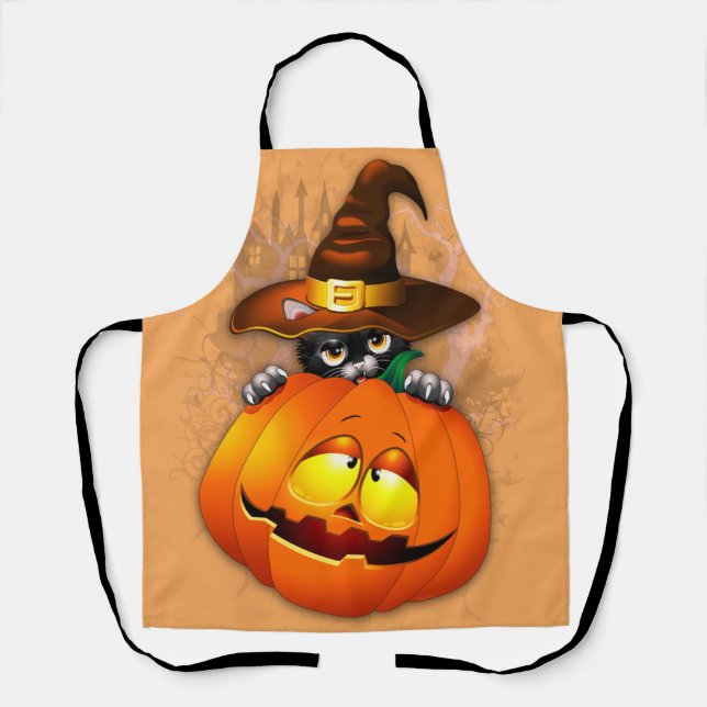 Cute Witch Cat and Pumpkin Halloween Friends Apron (Front)