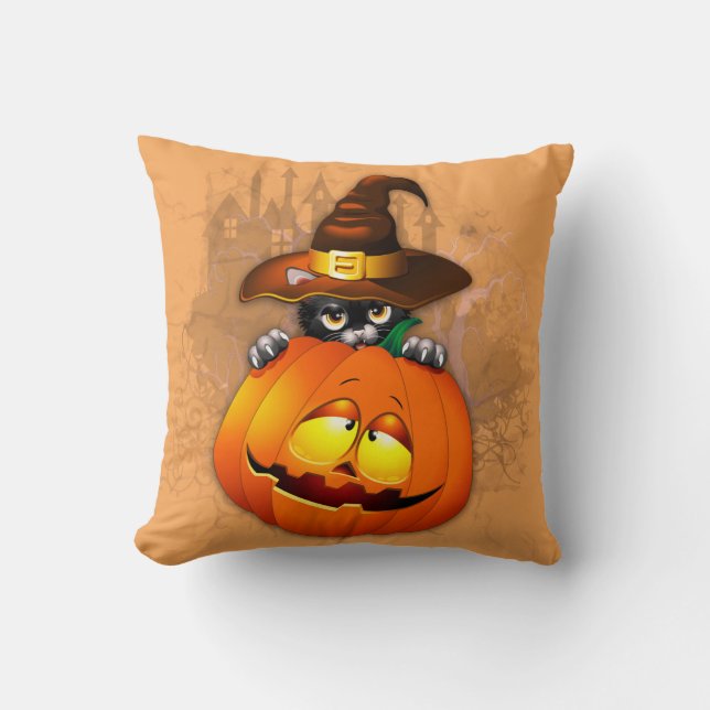 Cute Witch Cat and Pumpkin Halloween Friends Cushion (Front)