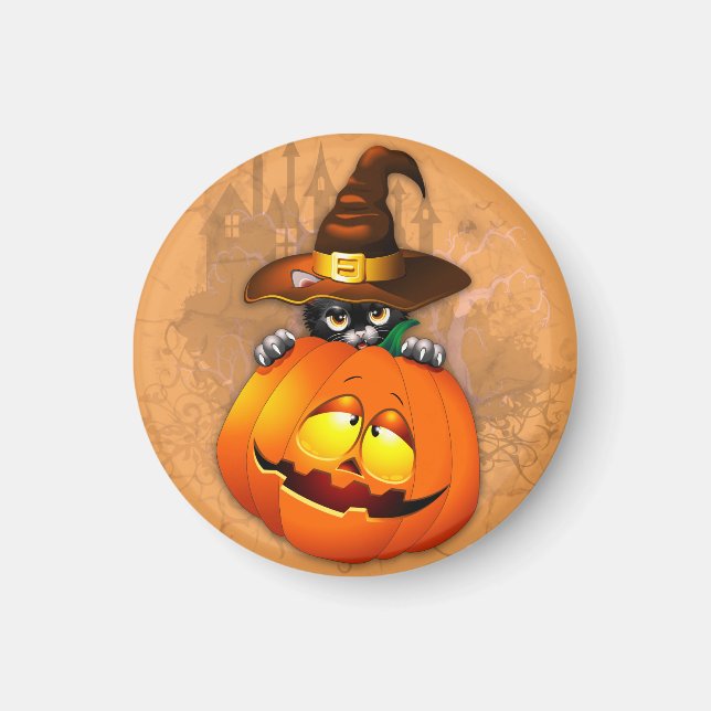 Cute Witch Cat and Pumpkin Halloween Friends Magnet (Front)