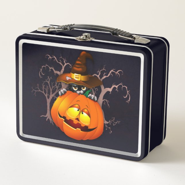 Cute Witch Cat and Pumpkin Halloween Friends Metal Lunch Box (Front)