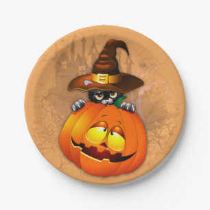 Cute Witch Cat and Pumpkin Halloween Friends Paper Plate