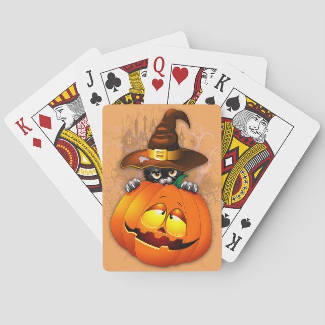 Cute Witch Cat and Pumpkin Halloween Friends Playing Cards (Back)