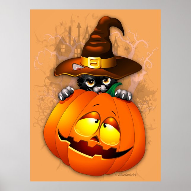Cute Witch Cat and Pumpkin Halloween Friends Poster (Front)
