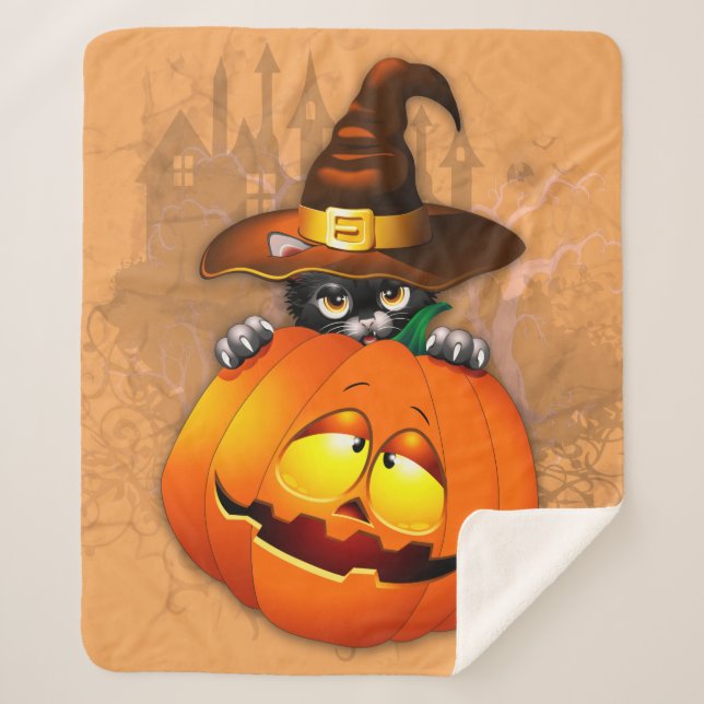 Cute Witch Cat and Pumpkin Halloween Friends Sherpa Blanket (Front)