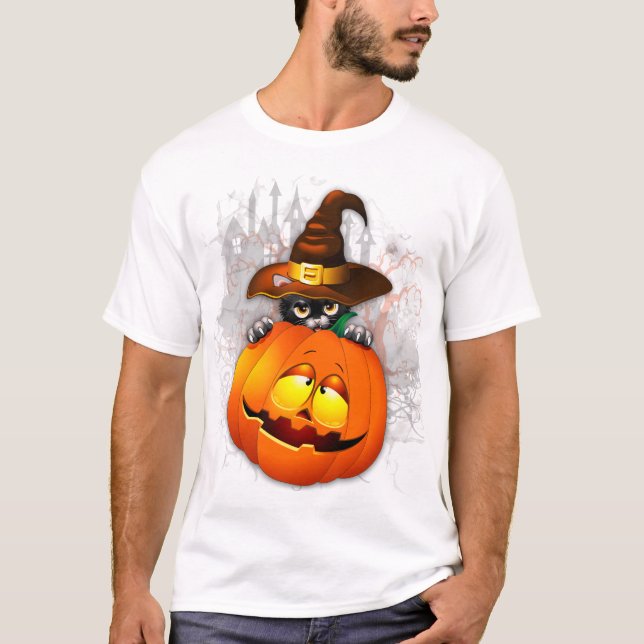Cute Witch Cat and Pumpkin Halloween Friends T-Shirt (Front)