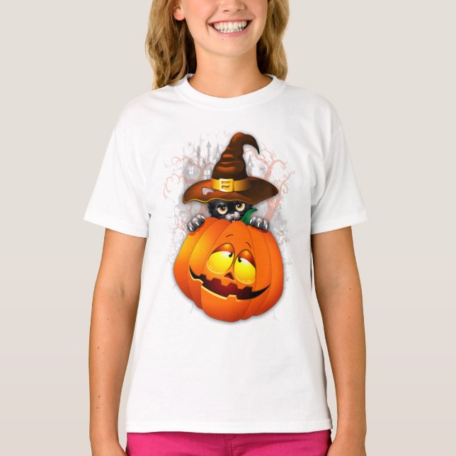 Cute Witch Cat and Pumpkin Halloween Friends T-Shirt (Front)