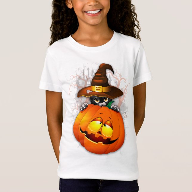 Cute Witch Cat and Pumpkin Halloween Friends T-Shirt (Front)