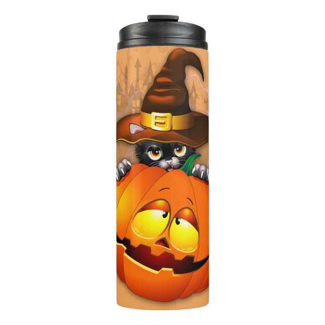 Cute Witch Cat and Pumpkin Halloween Friends Thermal Tumbler (Front)