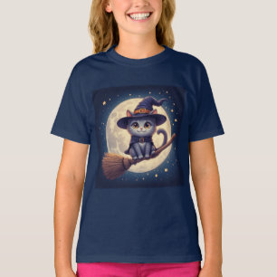 Cute Witch Cat Flying Across Full Moon Night 🎃 T-Shirt