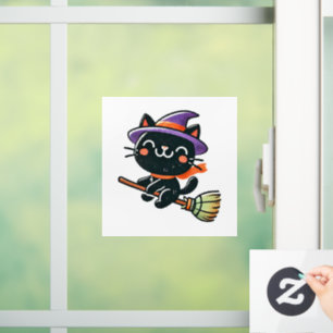 Cute witch cat flying on a broom - Halloween