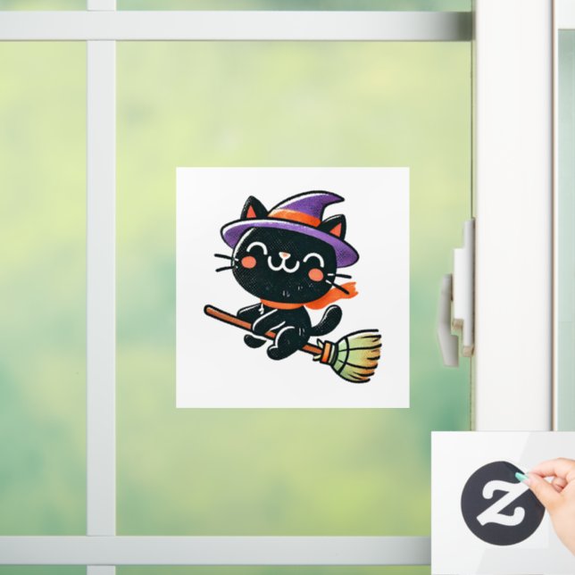 Cute witch cat flying on a broom - Halloween  (Home)