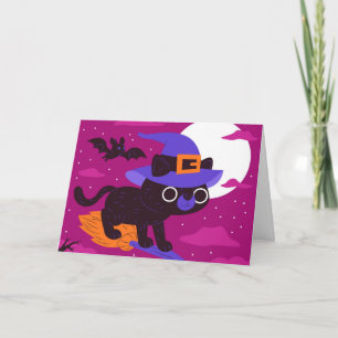 Cute Witch Cat Flying on Broom Halloween Kawaii Card
