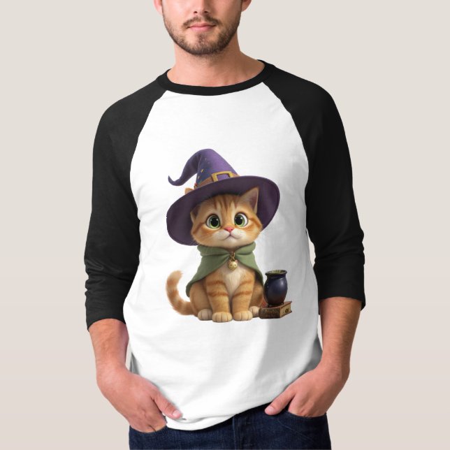 Cute Witch Cat Halloween Raglan Baseball Tee (Front)