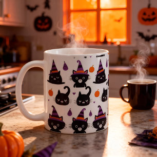 Cute Witch Cat & Hat Pattern Halloween Spooky Cat  Coffee Mug