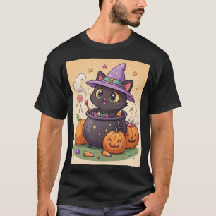 Cute Witch Cat in Cauldron Halloween T-Shirt