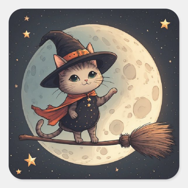 Cute Witch Cat Moonlit Halloween Sky Theme 🎃 Square Sticker (Front)