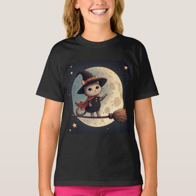 Cute Witch Cat Moonlit Halloween Sky Theme 🎃 T-Shirt (Front)