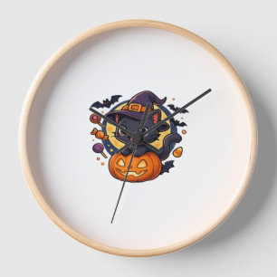 Cute Witch Cat on Pumpkin – Halloween Art Oversize Clock