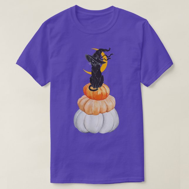Cute Witch Cat On Pumpkin With Moon Behind Hallowe T-Shirt (Design Front)