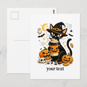 Cute Witch Cat Pumpkin Spice Latte Halloween Postcard