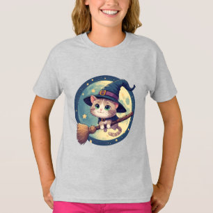 Cute Witch Cat Riding Broom Moonlight Theme 🎃 T-Shirt