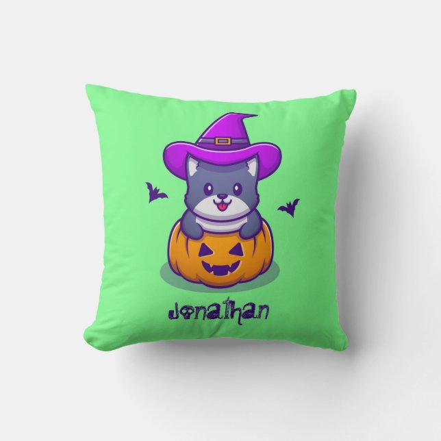 Cute Witch Cat Rising From Pumpkin Flying Bats Cushion (Front)