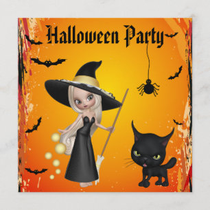 Cute Witch, Cat & Spider Halloween Party Invites