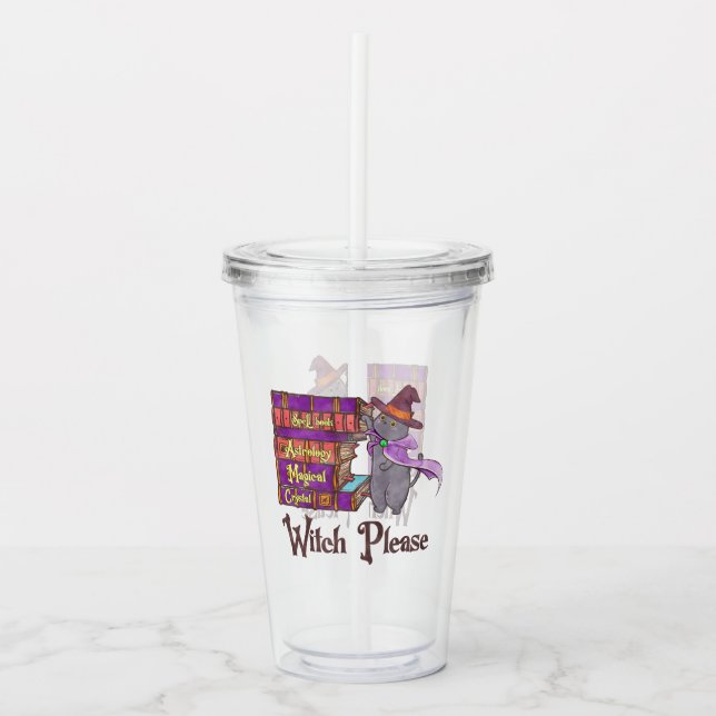 Cute Witch Cat with Books – “Witch Please” Acrylic Tumbler (Front)