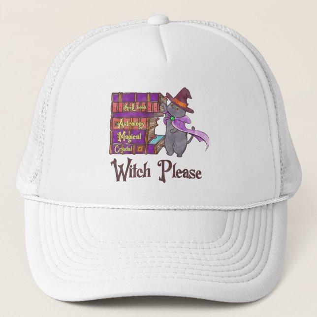 Cute Witch Cat with Books – “Witch Please” Trucker Hat (Front)