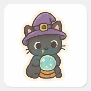 Cute Witch Cat with Crystal Ball Kawaii Square Sticker