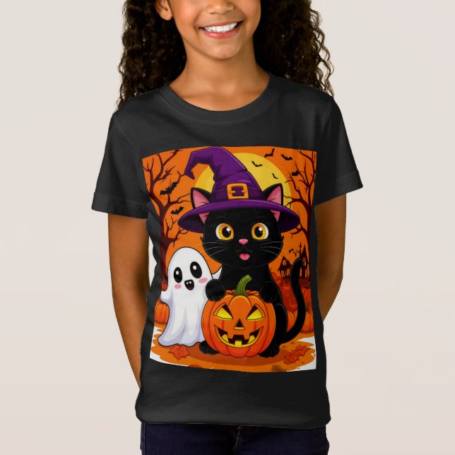 Cute Witch Cat With Ghost Pumpkin Night 🎃 T-Shirt (Front)
