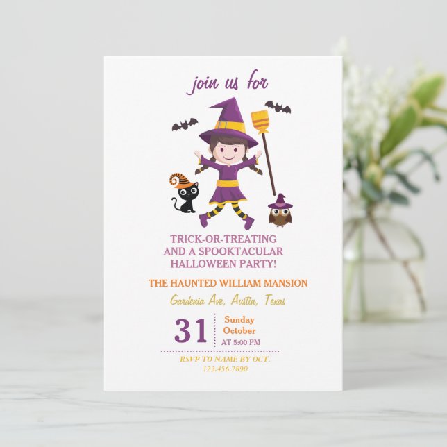 Cute Witch Costume Halloween Party For Kids Invitation (Standing Front)