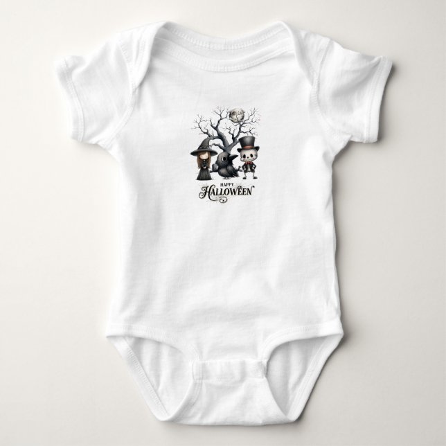 Cute Witch, Crow & Skeleton with Full Moon T-Shirt Baby Bodysuit (Front)