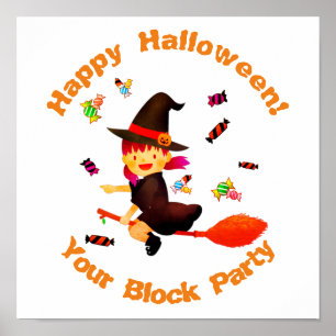 Cute Witch Flying on her Broom Halloween Poster