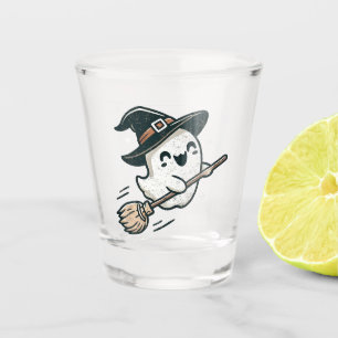 Cute witch ghost flying on a broom - Halloween Shot Glass