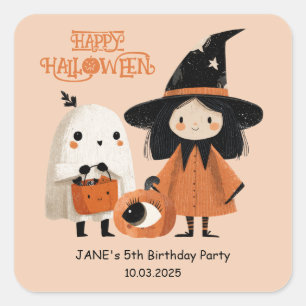 Cute Witch& Ghost Kids Halloween Birthday Party Square Sticker