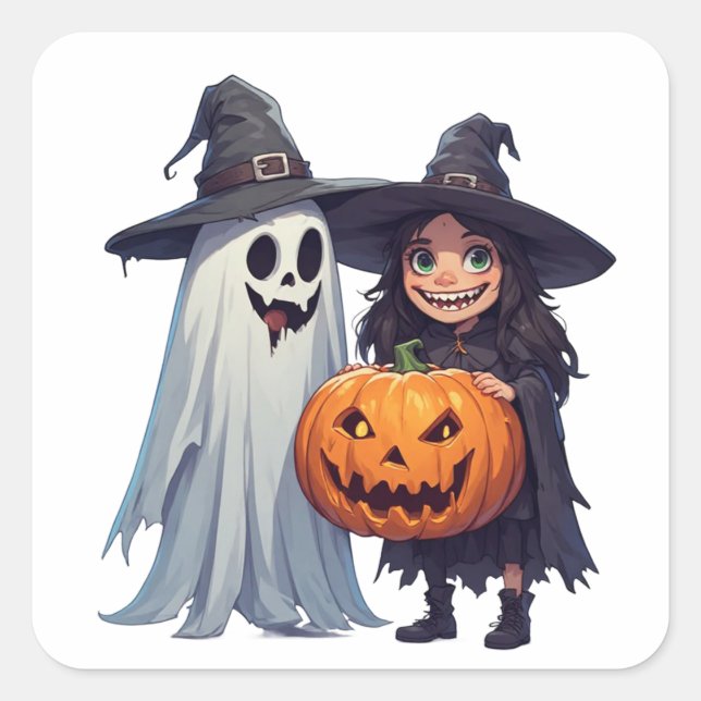 Cute Witch Ghost Pumpkin Halloween 🎃 Square Sticker (Front)