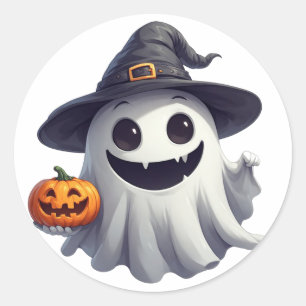 Cute Witch Ghost With Pumpkin For Halloween 👻 Classic Round Sticker