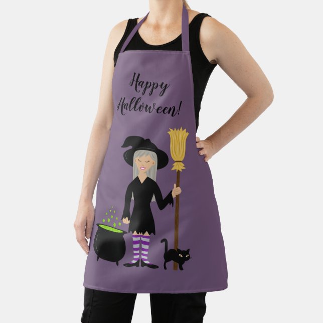Cute Witch Girl And A Cat & Happy Halloween Text Apron (Insitu)