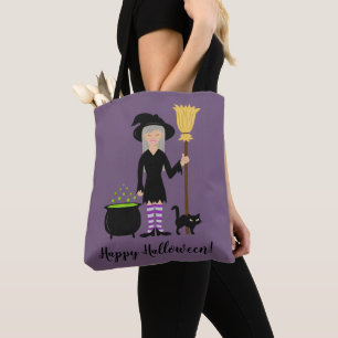 Cute Witch Girl And A Cat Happy Halloween Text Tote Bag